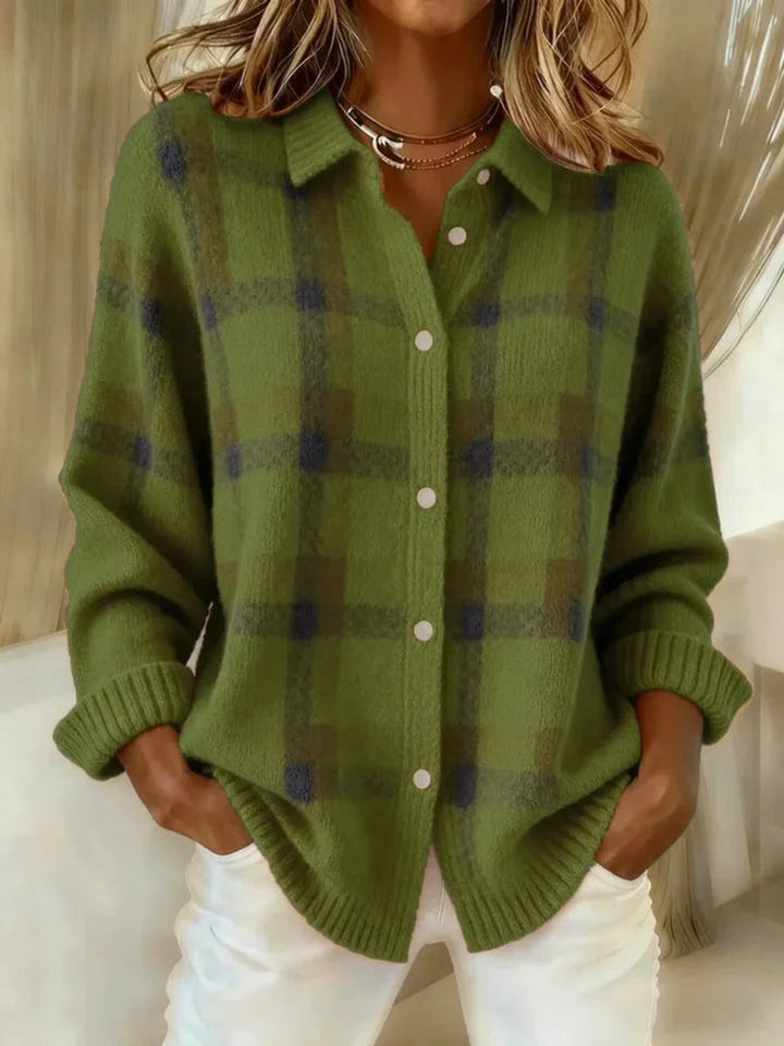 Women's Plaid Knit Button-Up Oversized Shacket Jacket - Green