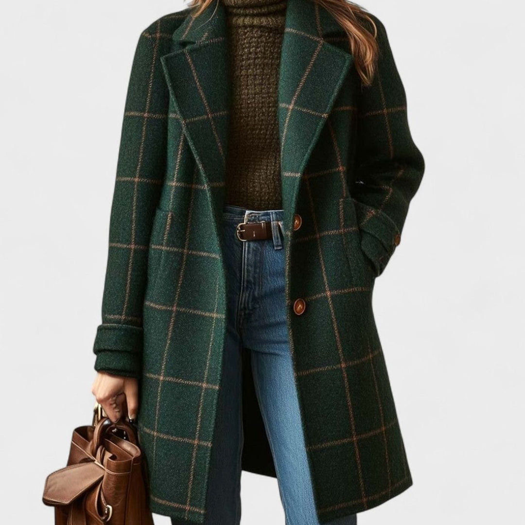 Women's Plaid Tailored Lapel Sophisticated Winter Coat - Dark Green