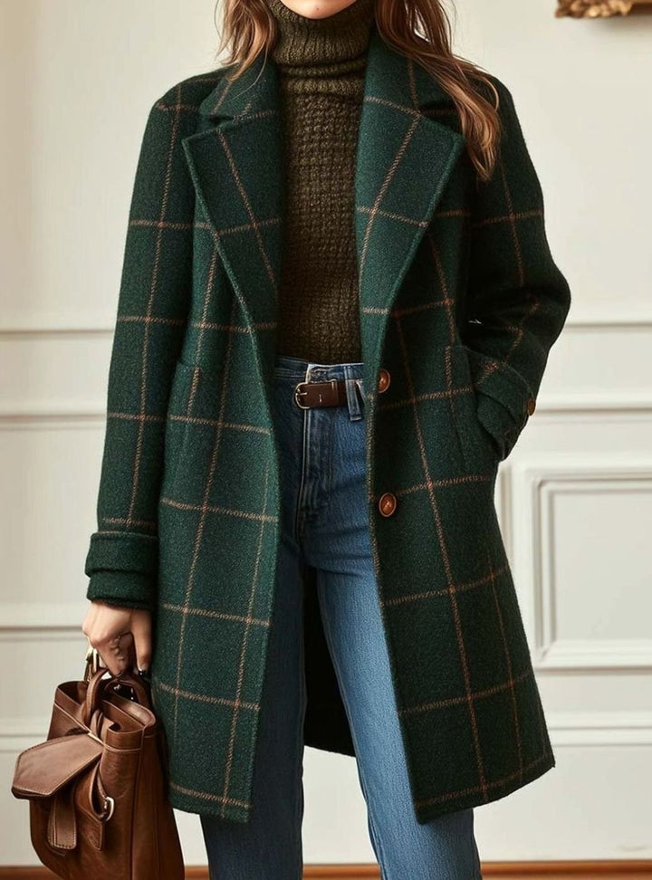 Women's Plaid Wool-Blend Long Overcoat Ladies Winter Coat - Dark Green