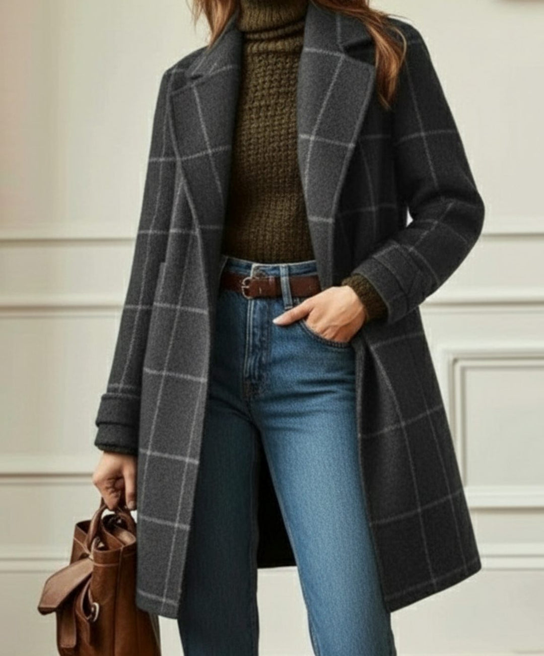 Women's Plaid Wool-Blend Long Overcoat Ladies Winter Coat - Grey
