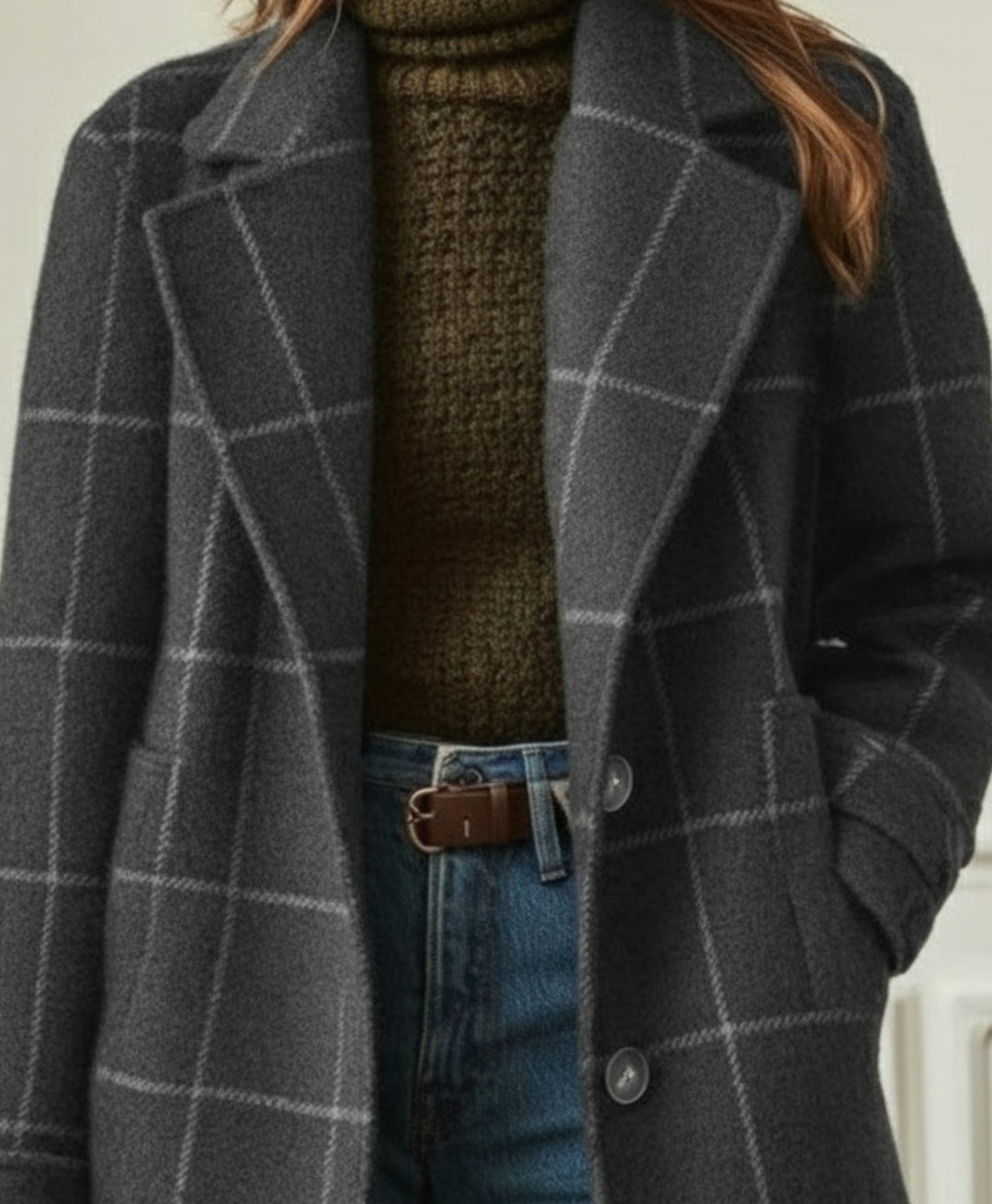 Women's Plaid Wool-Blend Long Overcoat Ladies Winter Coat