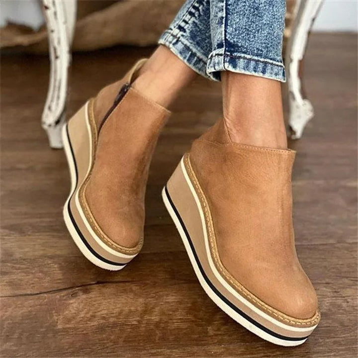 Women's Platform Wedge Zip-Up Ankle Boots Round Toe - Beige