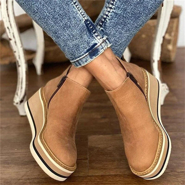 Women's Platform Wedge Zip-Up Ankle Boots Round Toe