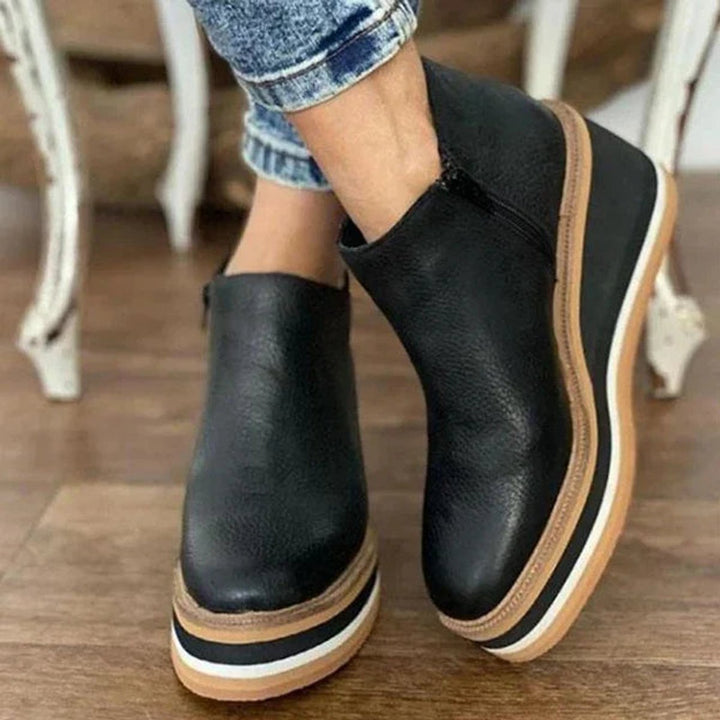 Women's Platform Wedge Zip-Up Ankle Boots Round Toe - Black