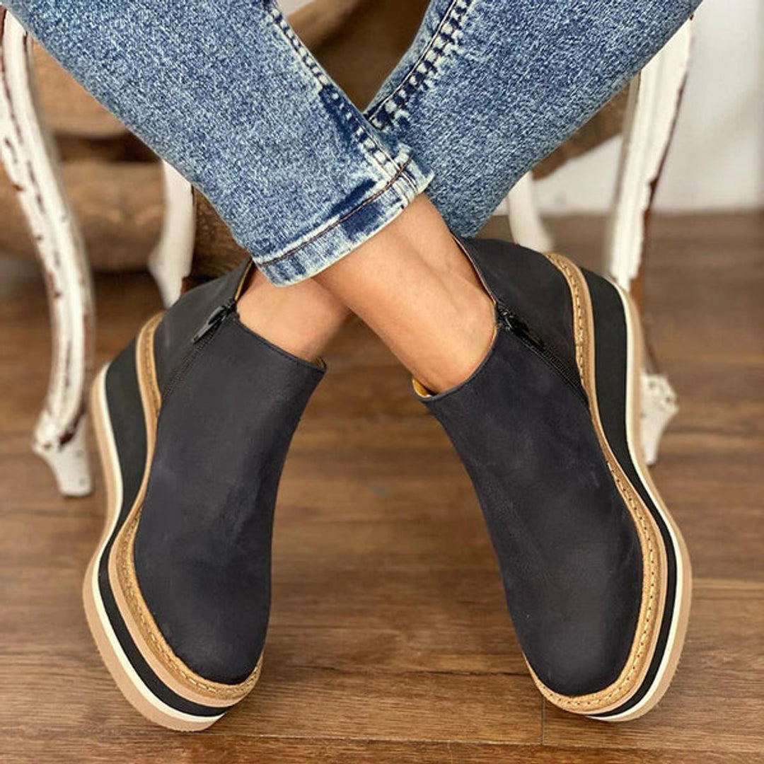 Women's Platform Wedge Zip-Up Ankle Boots Round Toe