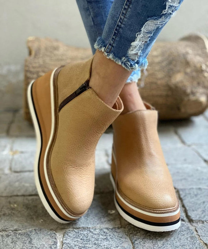 Women's Platform Wedge Zip-Up Ankle Boots Round Toe - Khaki
