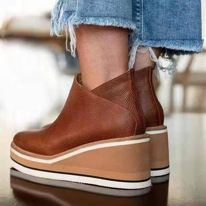 Women's Platform Wedge Zip-Up Ankle Boots Round Toe
