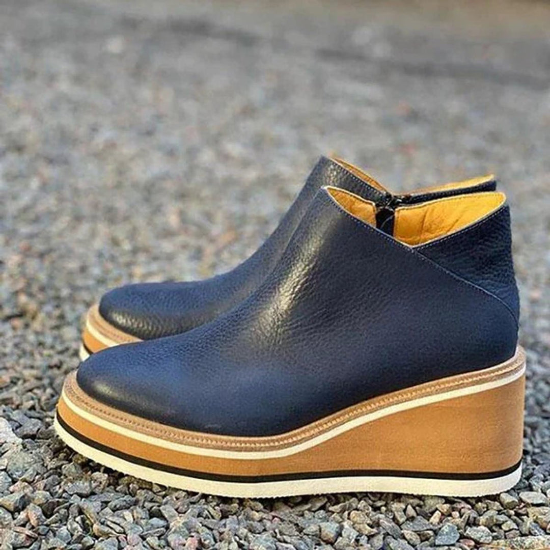 Women's Platform Wedge Zip-Up Ankle Boots Round Toe - Dark Navy