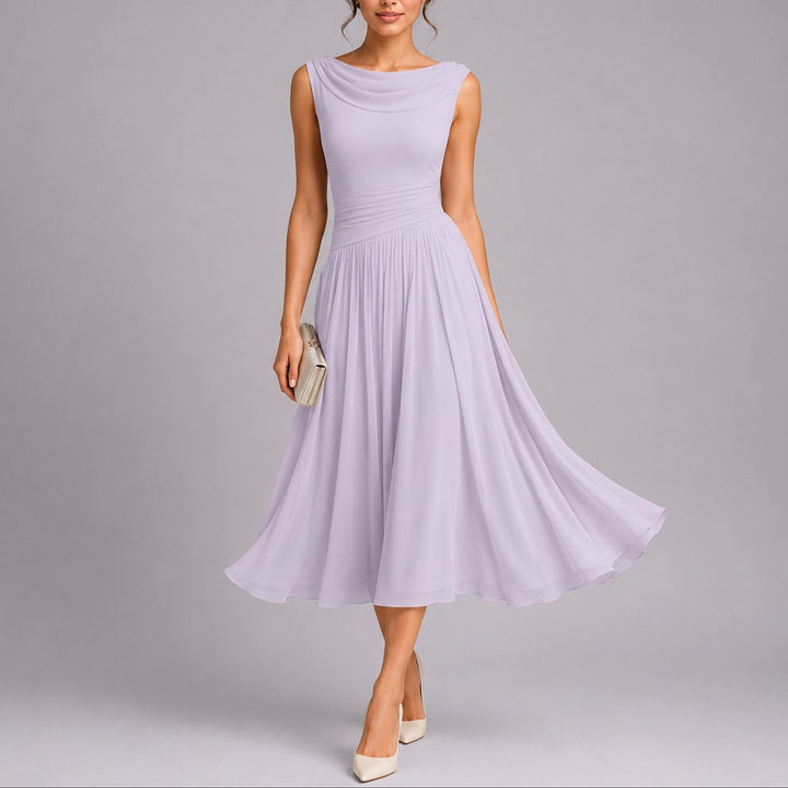Women's Pleated Chiffon Midi Fall Wedding Guest Dress Cowl Neck - Purple