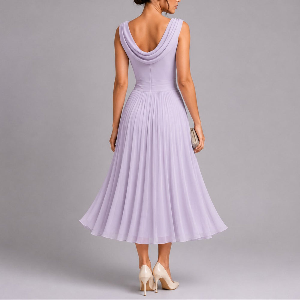 Women's Pleated Chiffon Midi Fall Wedding Guest Dress Cowl Neck