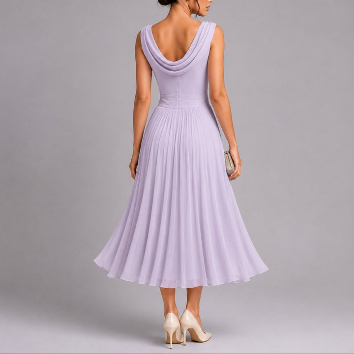 Women's Pleated Chiffon Midi Fall Wedding Guest Dress Cowl Neck