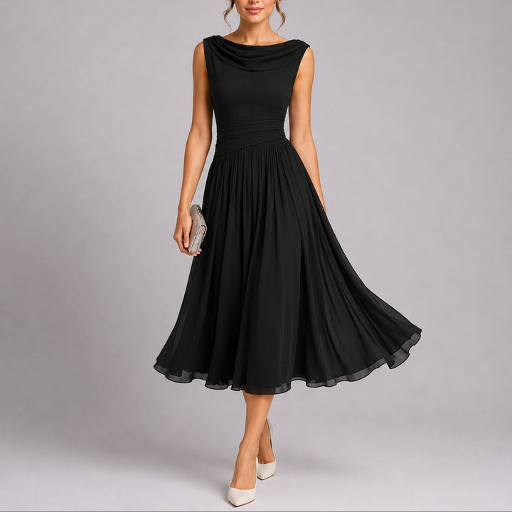 Women's Pleated Chiffon Midi Fall Wedding Guest Dress Cowl Neck - Black