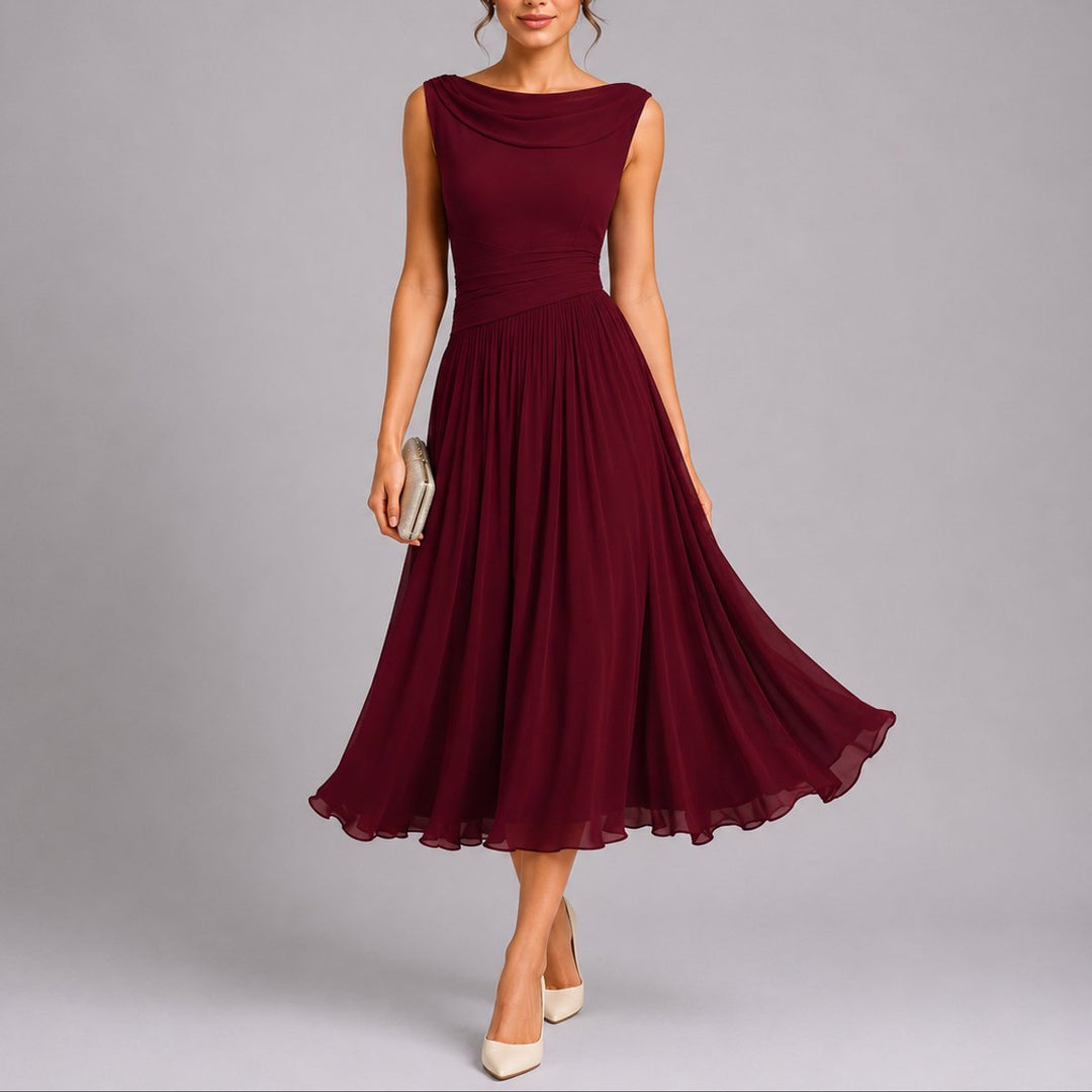 Women's Pleated Chiffon Midi Fall Wedding Guest Dress Cowl Neck - Red