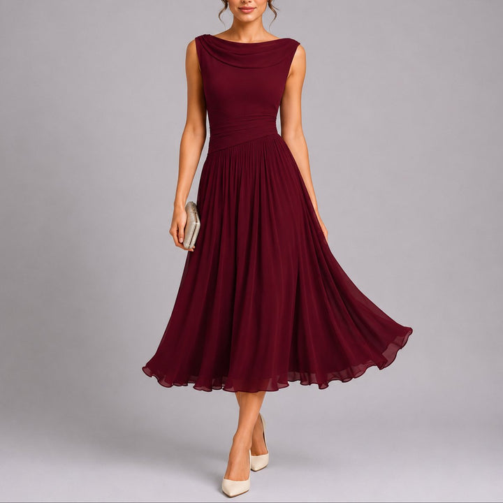 Women's Pleated Chiffon Midi Fall Wedding Guest Dress Cowl Neck - Red