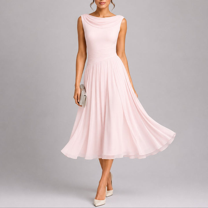 Women's Pleated Chiffon Midi Fall Wedding Guest Dress Cowl Neck - Pink