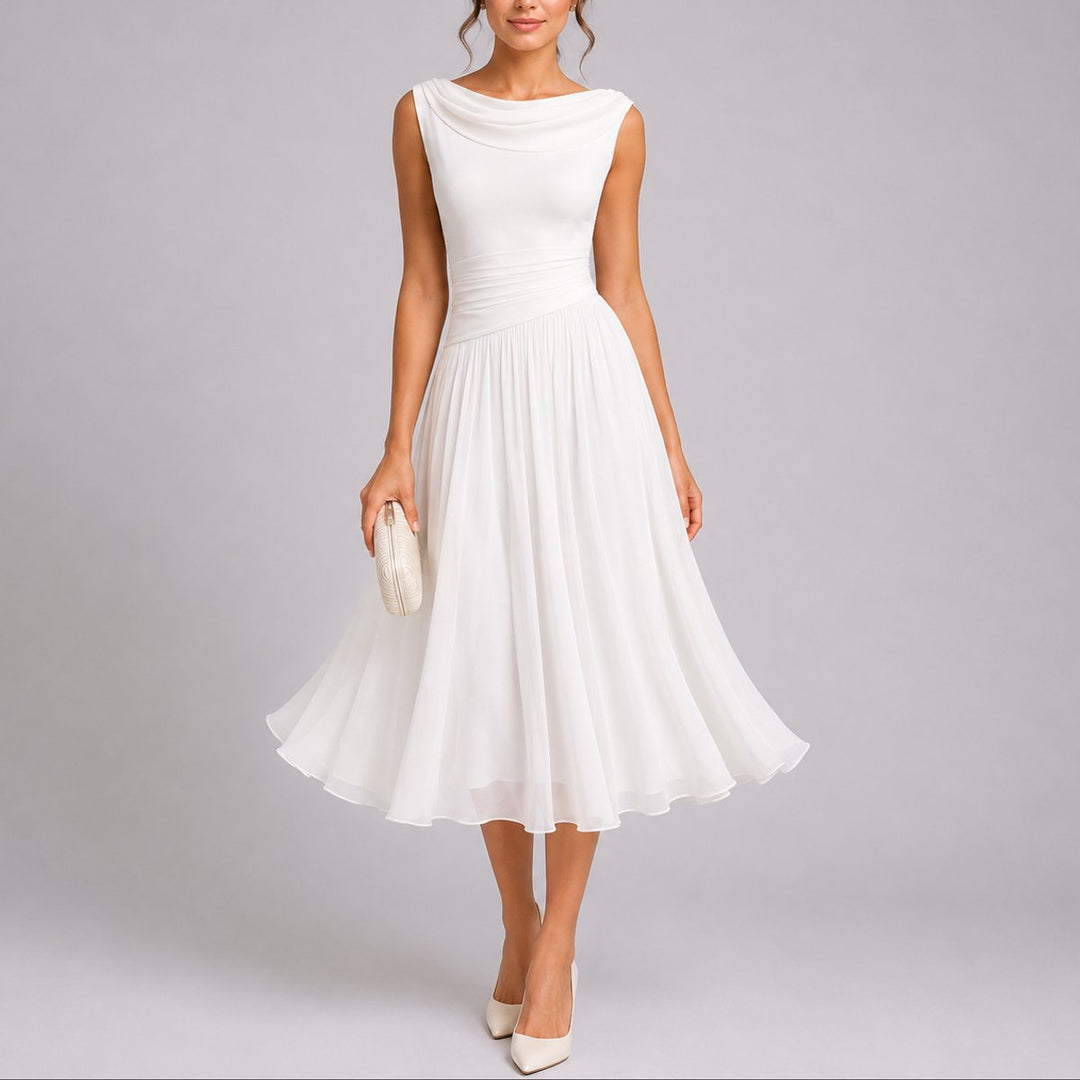 Women's Pleated Chiffon Midi Fall Wedding Guest Dress Cowl Neck - White