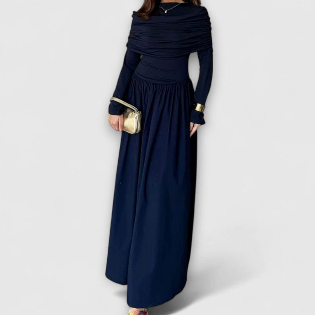Women's Pleated High-Waist Flared Sleeve Relaxed Maxi Dress - Navy Blue