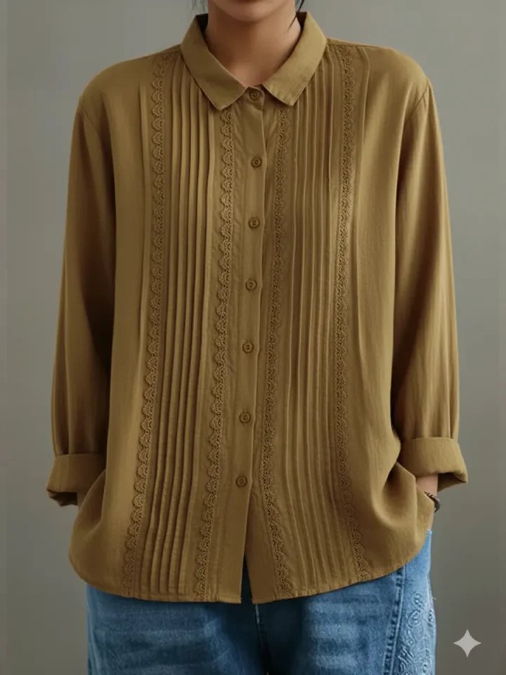 Women's Pleated Lace-Trim Button-Up Long Sleeve Blouse - Beige