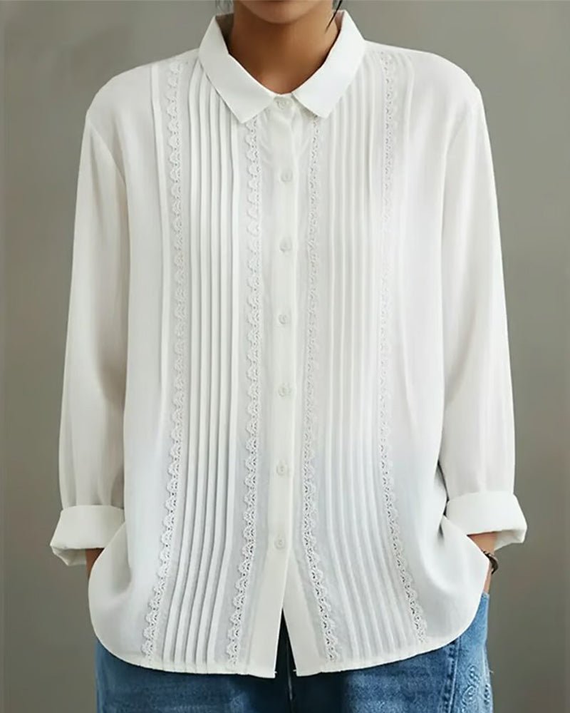 Women's Pleated Lace-Trim Button-Up Long Sleeve Blouse - White