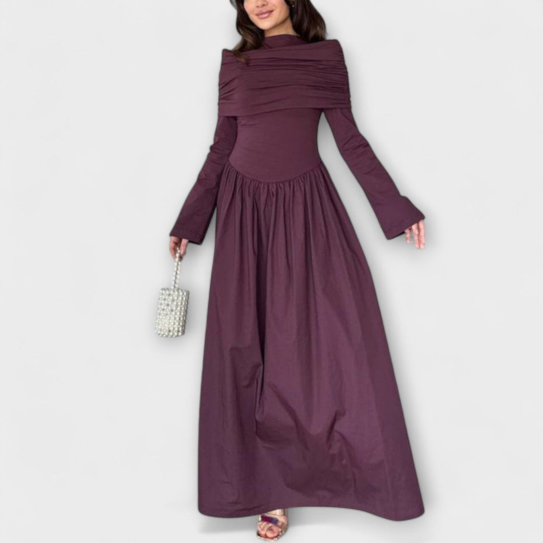 Women's Pleated Long-Sleeve Flared Maxi Dress - Burgundy