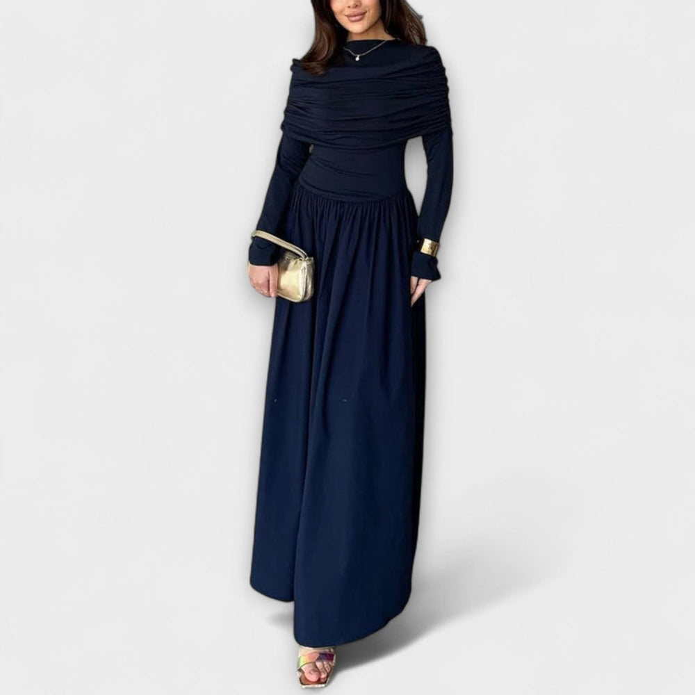 Women's Pleated Long-Sleeve Flared Maxi Dress - Navy Blue