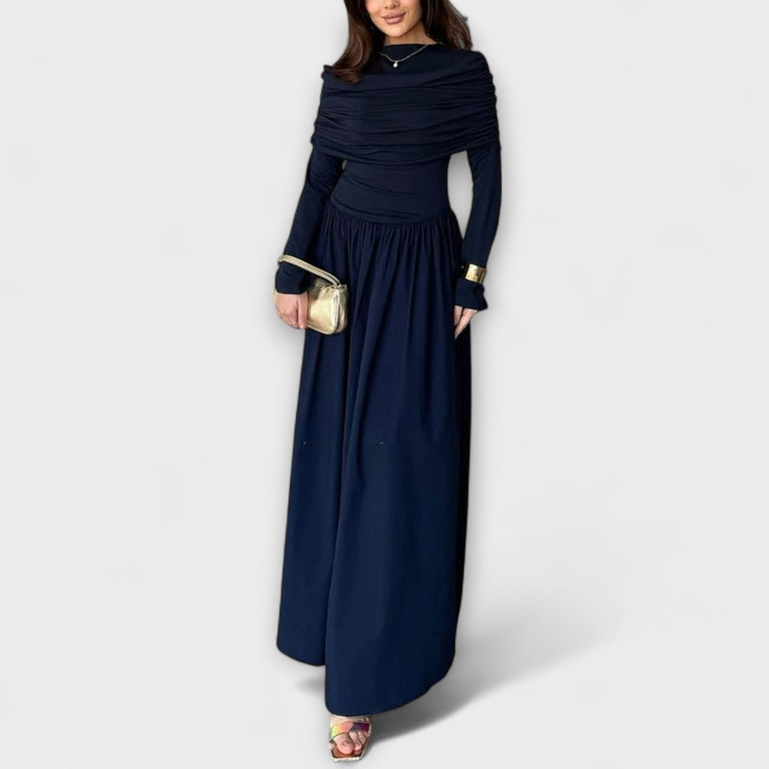Women's Pleated Long-Sleeve Flared Maxi Dress - Navy Blue