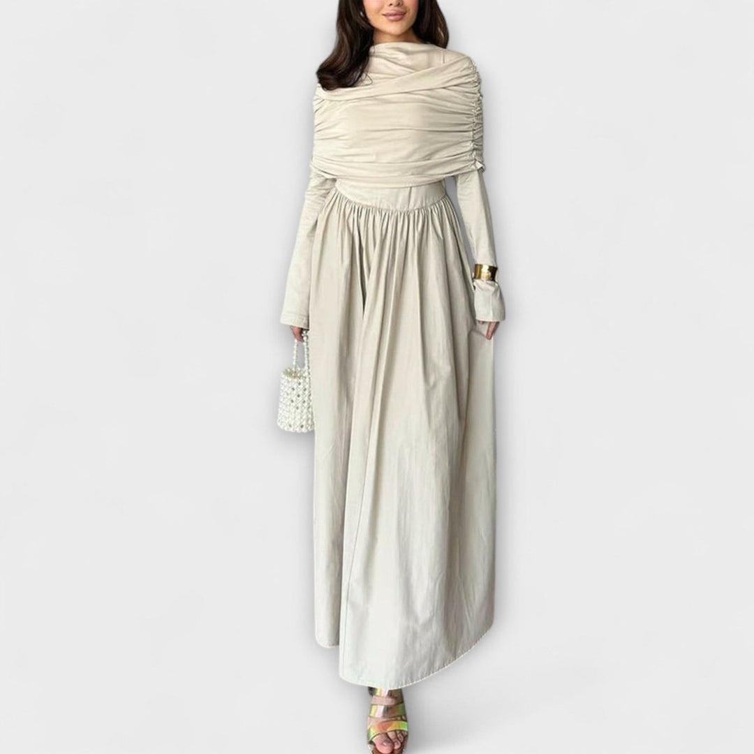 Women's Pleated Long-Sleeve Flared Maxi Dress - White