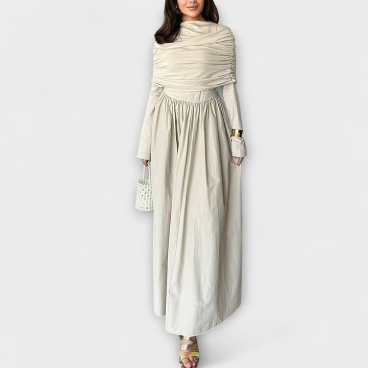 Women's Pleated Long-Sleeve Flared Maxi Dress - White