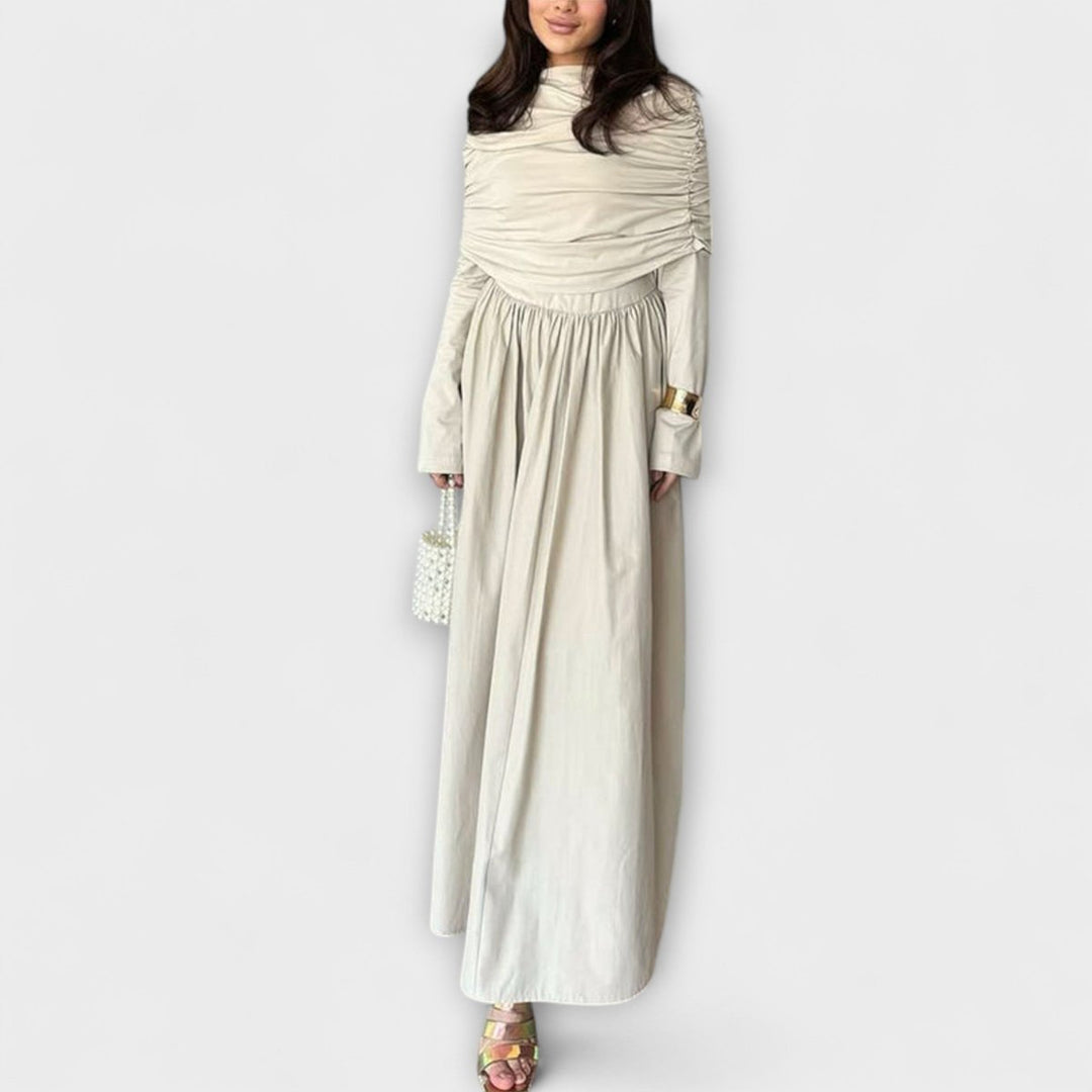 Women's Pleated Long-Sleeve Flared Maxi Dress