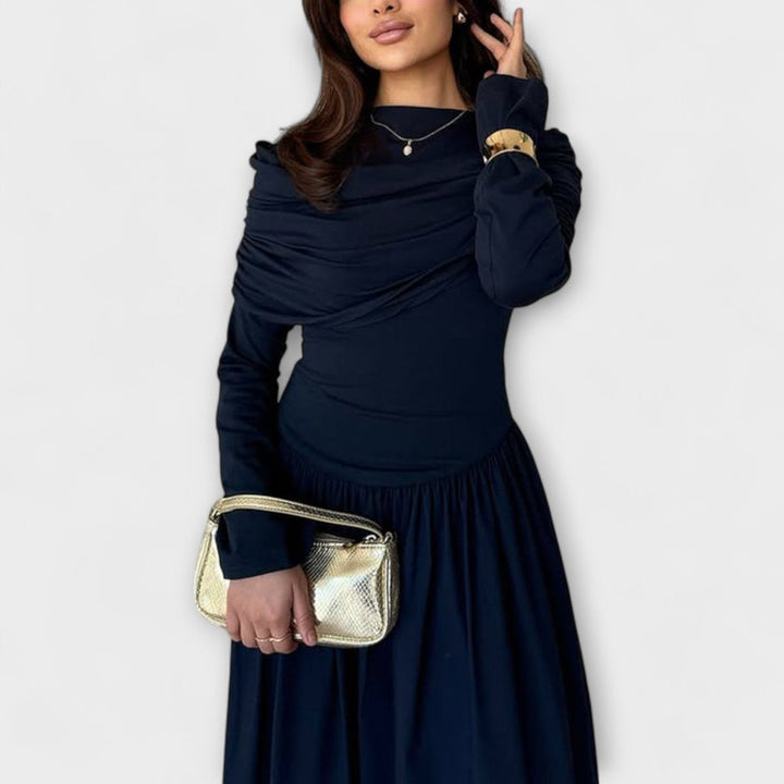 Women's Pleated Long-Sleeve Flared Maxi Dress