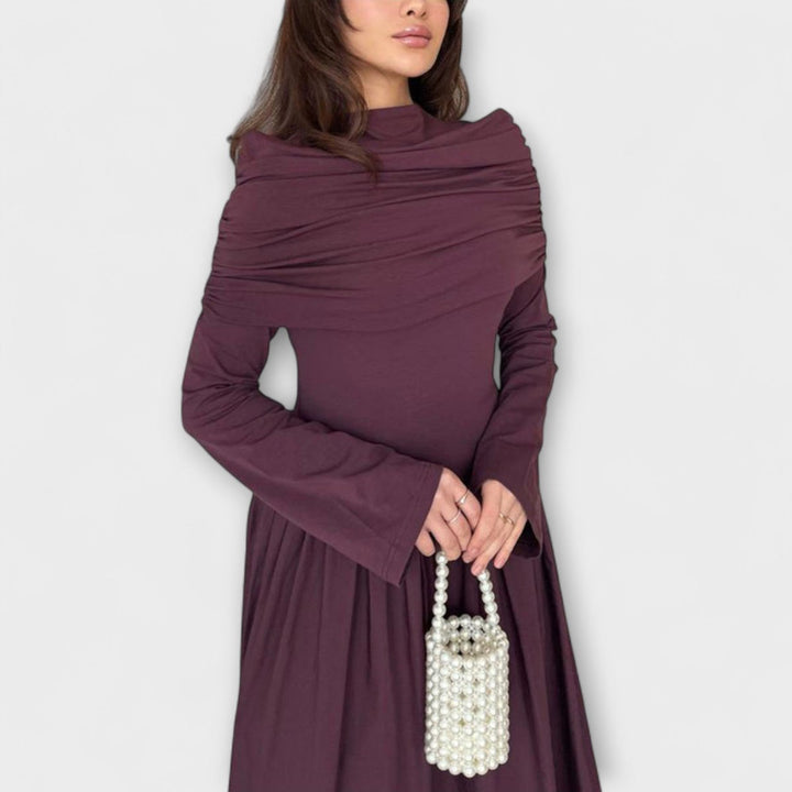 Women's Pleated Long-Sleeve Flared Maxi Dress