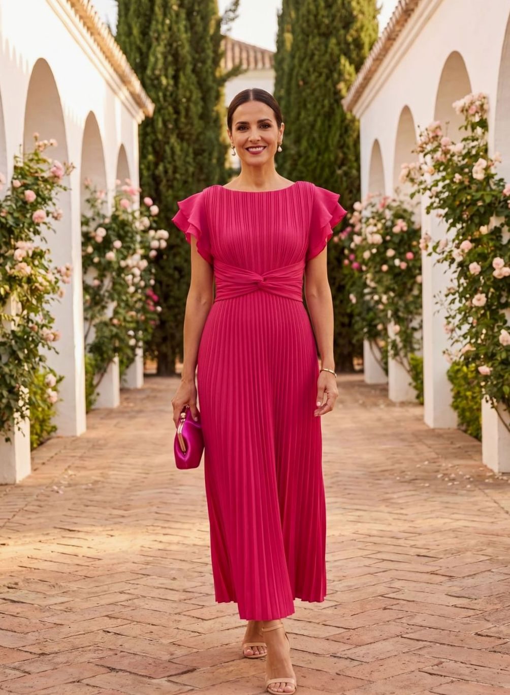 Women's Pleated Midi Formal Dress Ruffle-Sleeve Wedding Guest - Pink