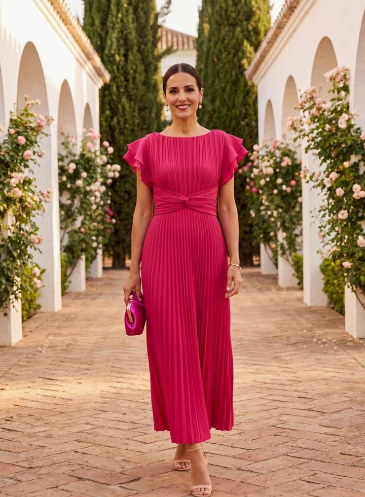 Women's Pleated Midi Formal Dress Ruffle-Sleeve Wedding Guest - Pink