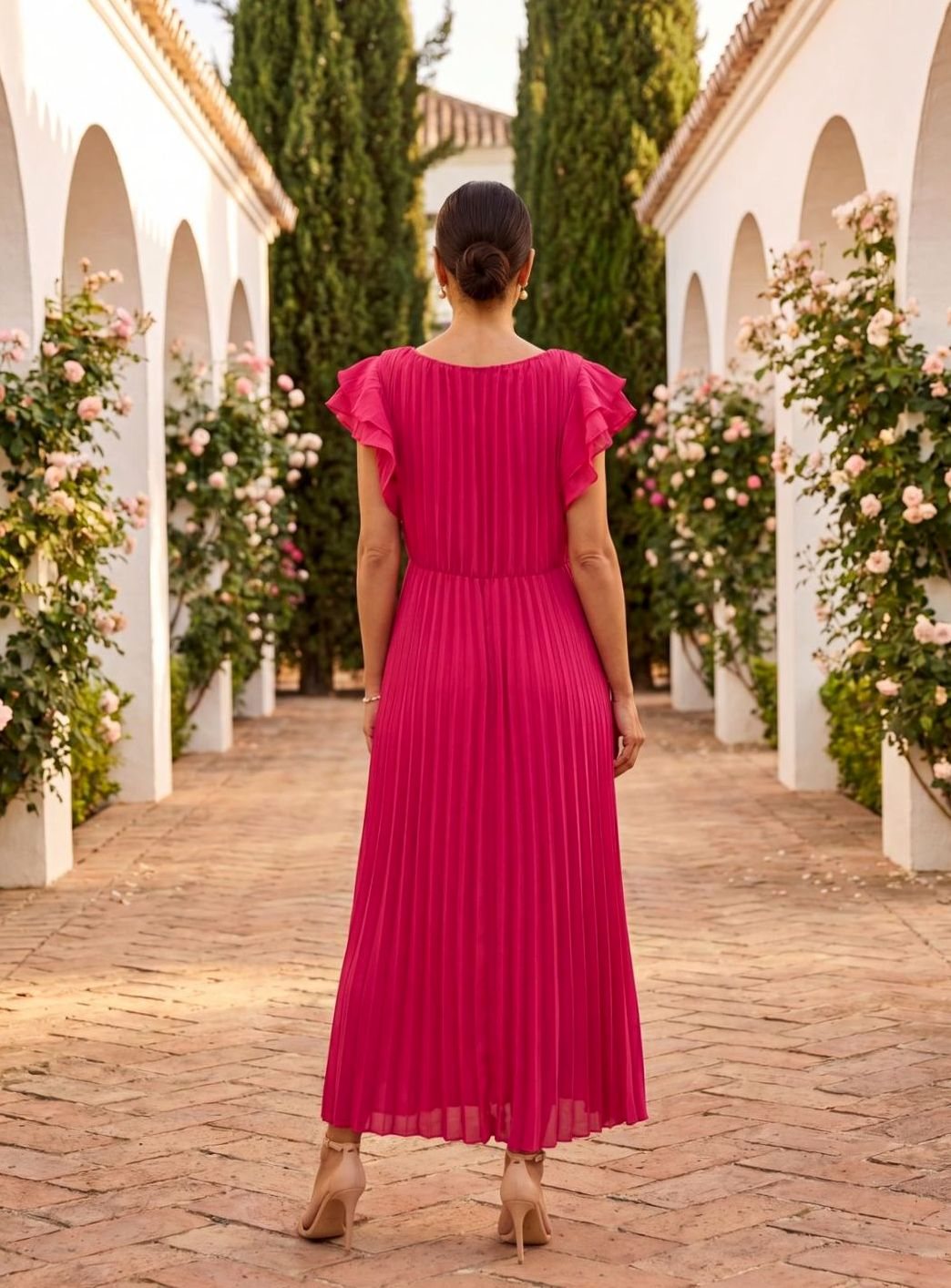 Women's Pleated Midi Formal Dress Ruffle-Sleeve Wedding Guest