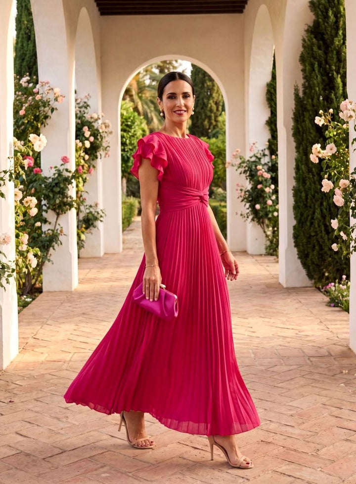 Women's Pleated Midi Formal Dress Ruffle-Sleeve Wedding Guest
