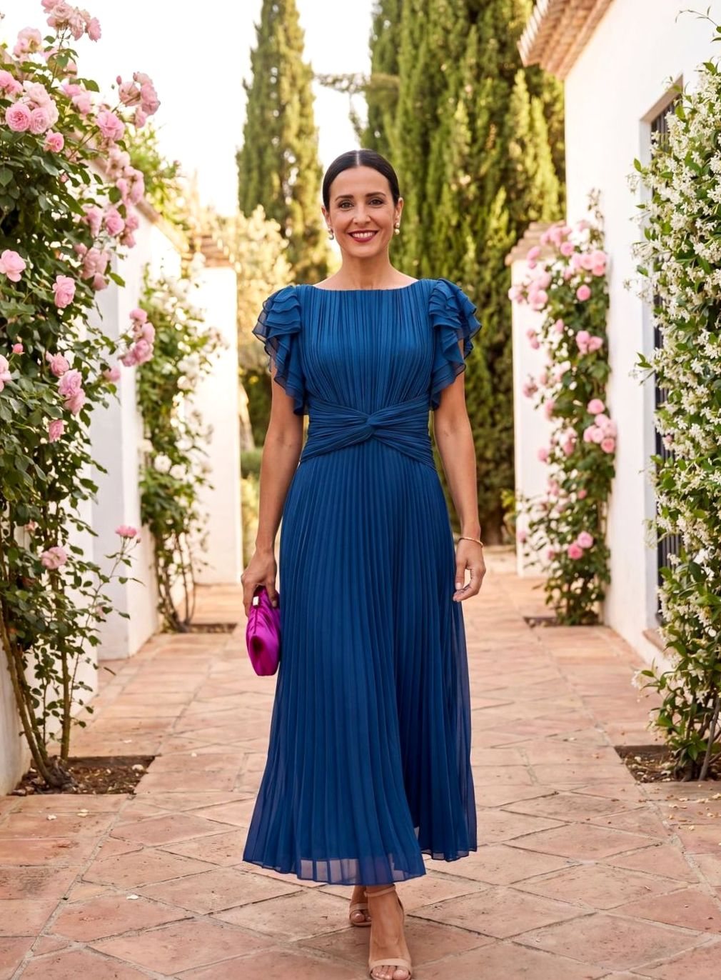 Women's Pleated Midi Formal Dress Ruffle-Sleeve Wedding Guest - Blue