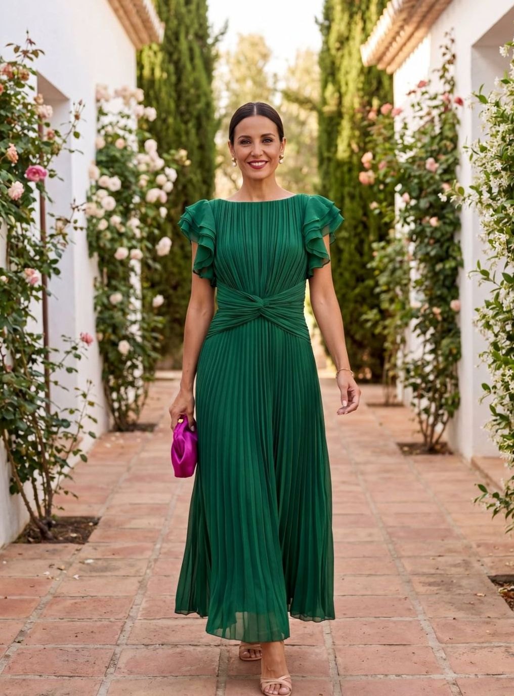 Women's Pleated Midi Formal Dress Ruffle-Sleeve Wedding Guest - Green
