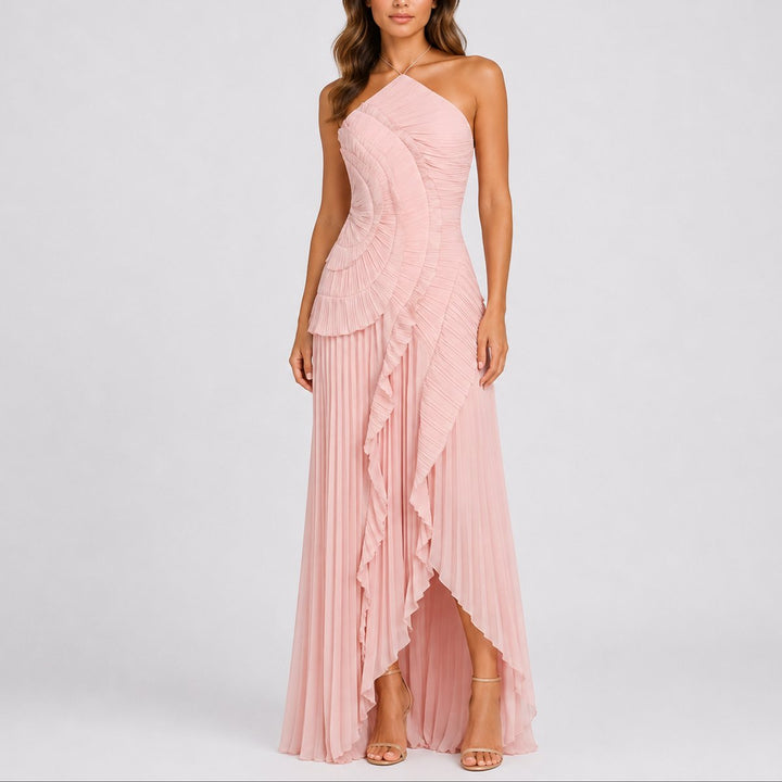 Women's Pleated Ruffle Halter Maxi Fall Wedding Guest Dress - Pink