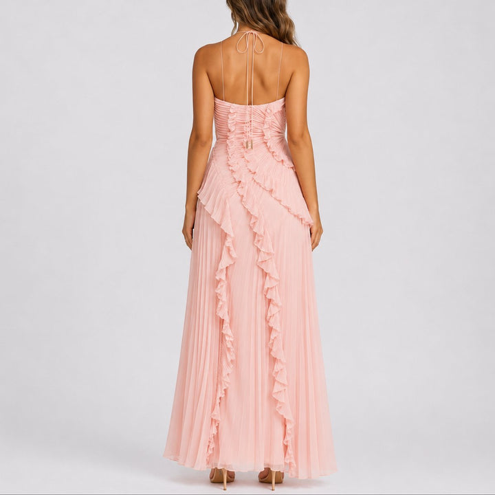 Women's Pleated Ruffle Halter Maxi Fall Wedding Guest Dress