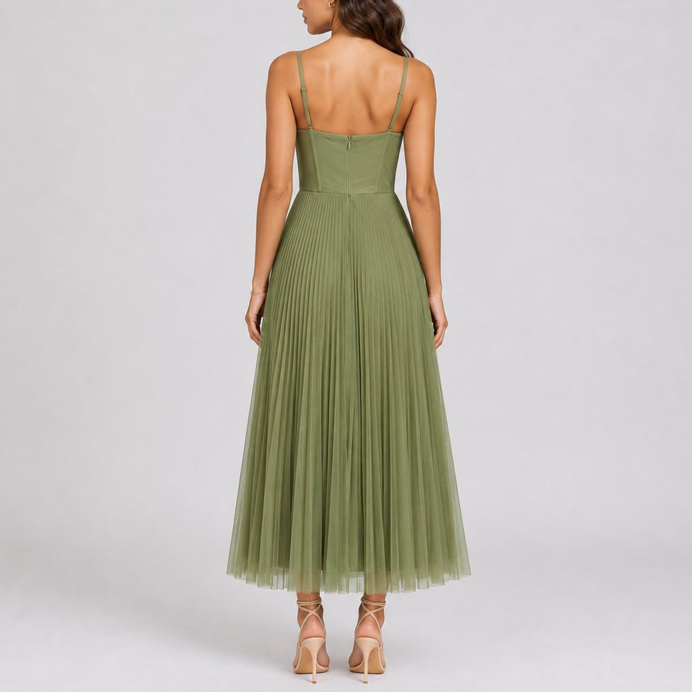 Women's Pleated Tulle Corset Midi Fall Wedding Guest Dress