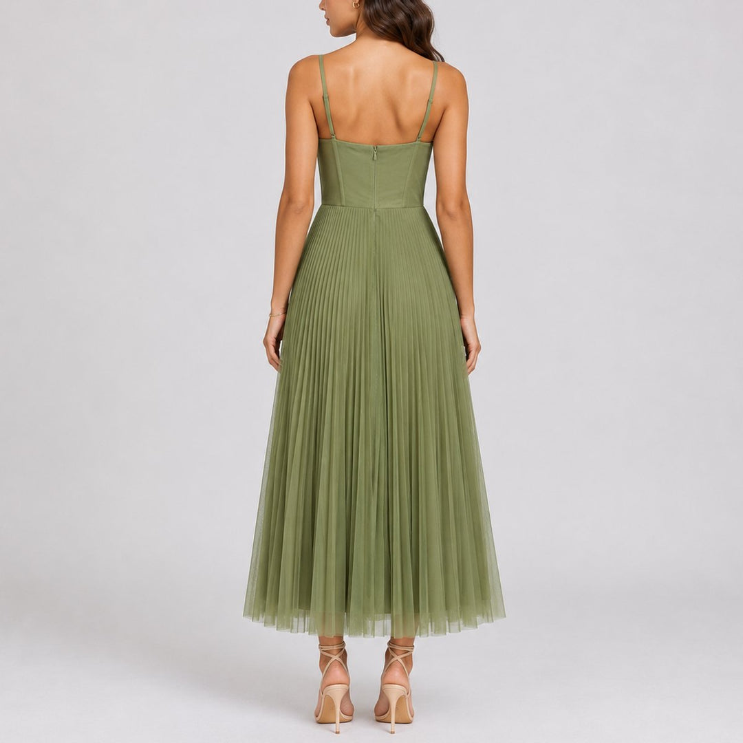 Women's Pleated Tulle Corset Midi Fall Wedding Guest Dress
