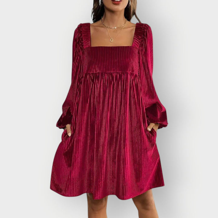 Women's Pleated Velvet Square-Neck Long-Sleeve Formal Dresses