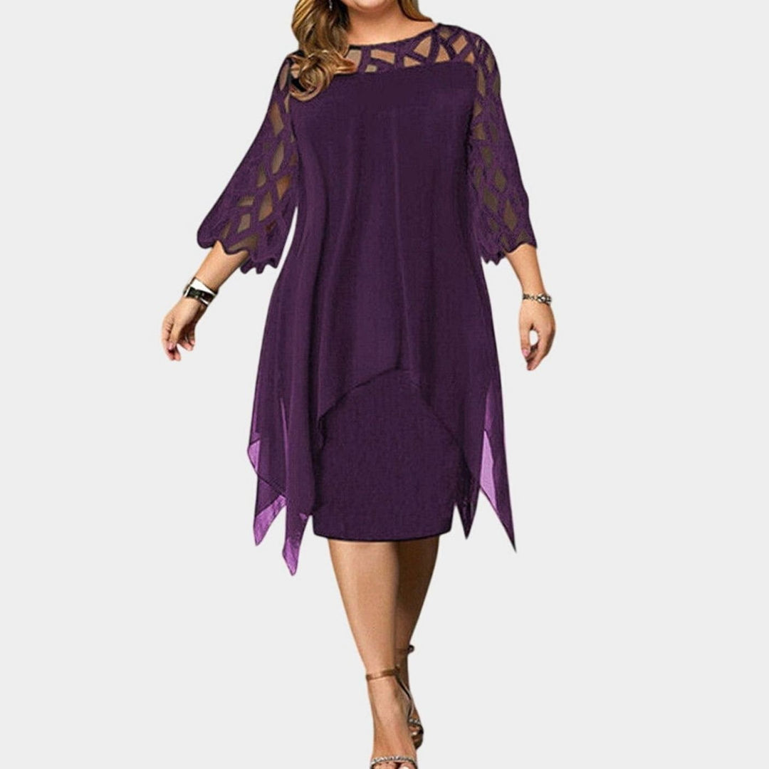 Women's Plus Size Lace-Overlay 3/4 Sleeve Chiffon Midi Dress - Purple