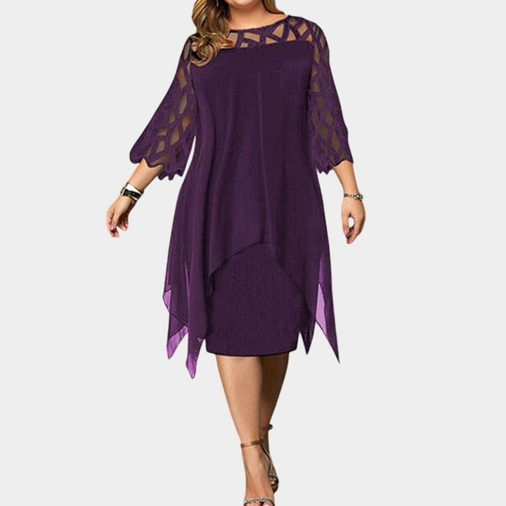 Women's Plus Size Lace-Overlay 3/4 Sleeve Chiffon Midi Dress - Purple