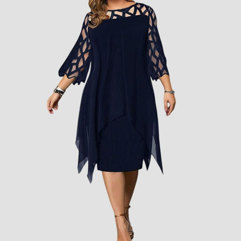 Women's Plus Size Lace-Overlay 3/4 Sleeve Chiffon Midi Dress - Deep Blue