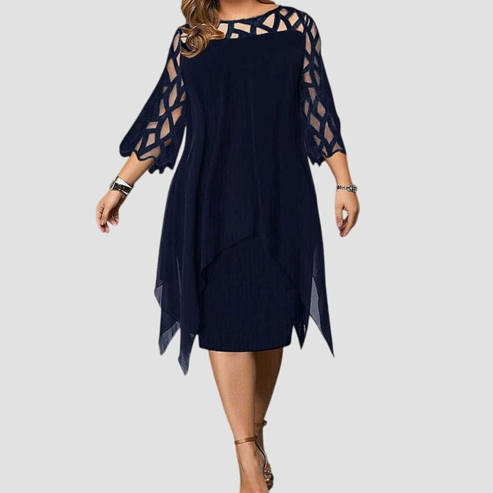 Women's Plus Size Lace-Overlay 3/4 Sleeve Chiffon Midi Dress - Deep Blue