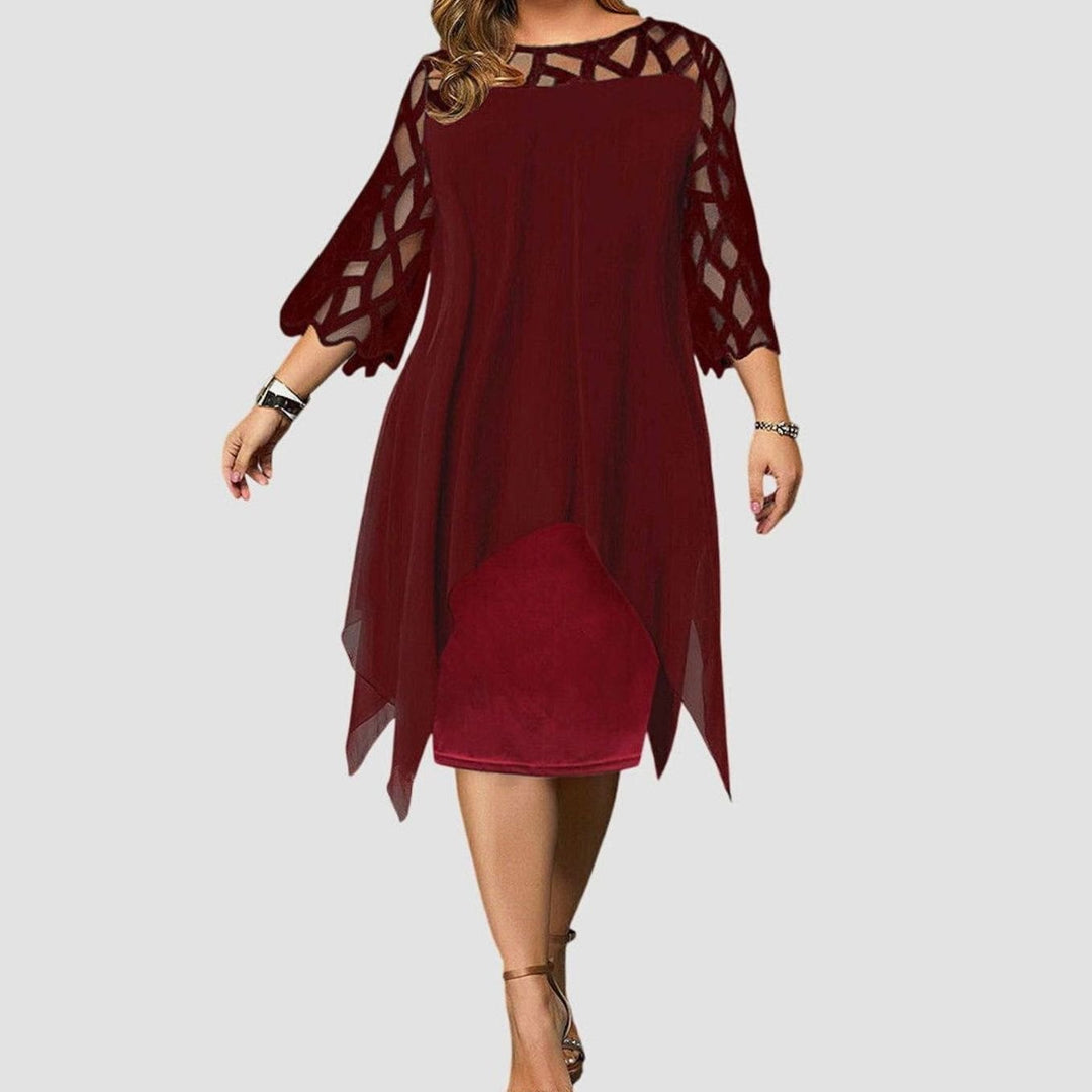Women's Plus Size Lace-Overlay 3/4 Sleeve Chiffon Midi Dress - Red Wine