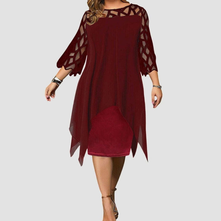 Women's Plus Size Lace-Overlay 3/4 Sleeve Chiffon Midi Dress - Red Wine