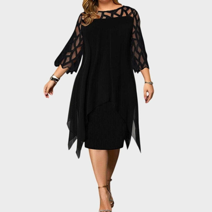 Women's Plus Size Lace-Overlay 3/4 Sleeve Chiffon Midi Dress - Black