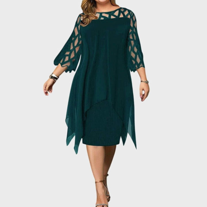 Women's Plus Size Lace-Overlay 3/4 Sleeve Chiffon Midi Dress - Green